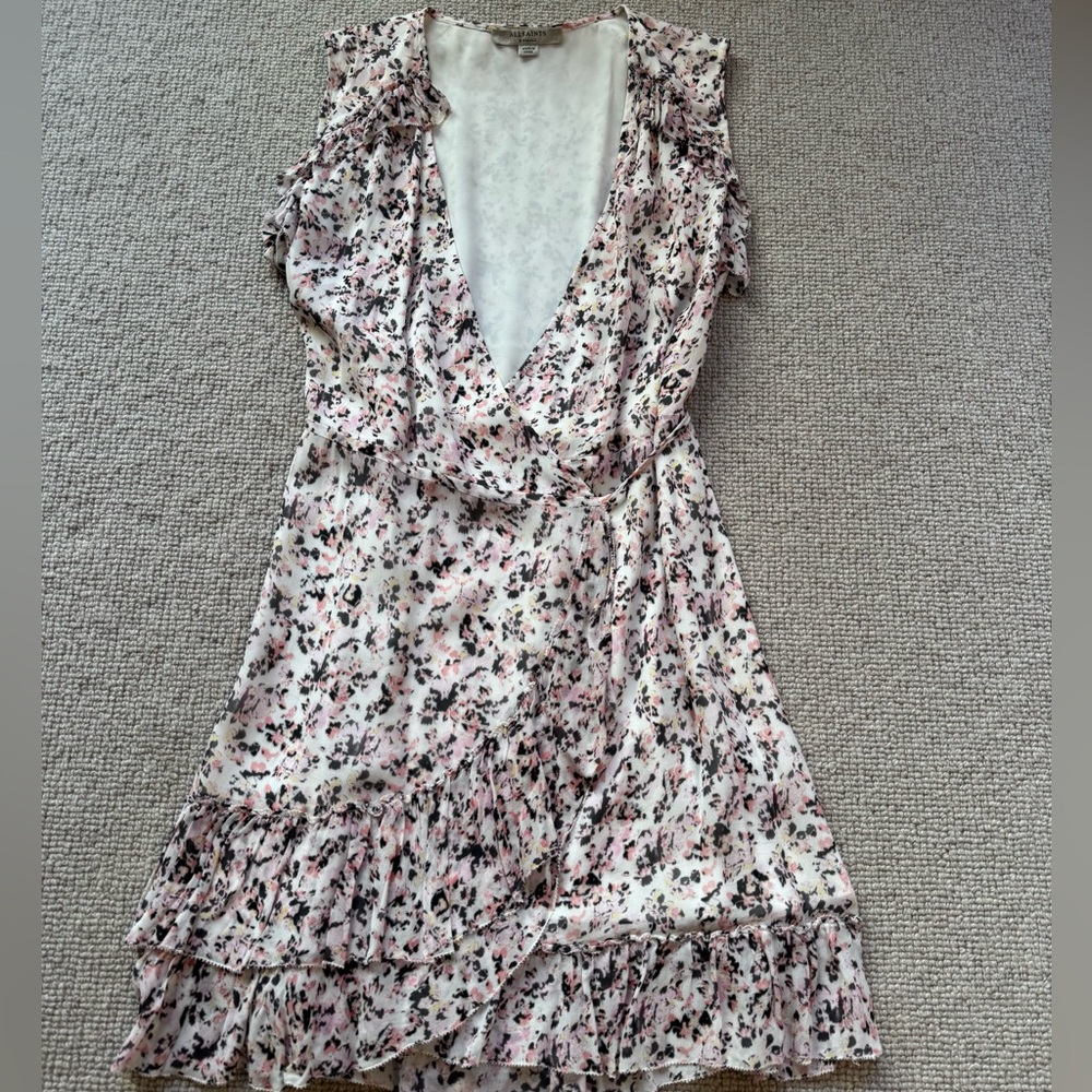 All Saints Sleeveless Wrap Dress in Pink Floral Pattern (Size XS)